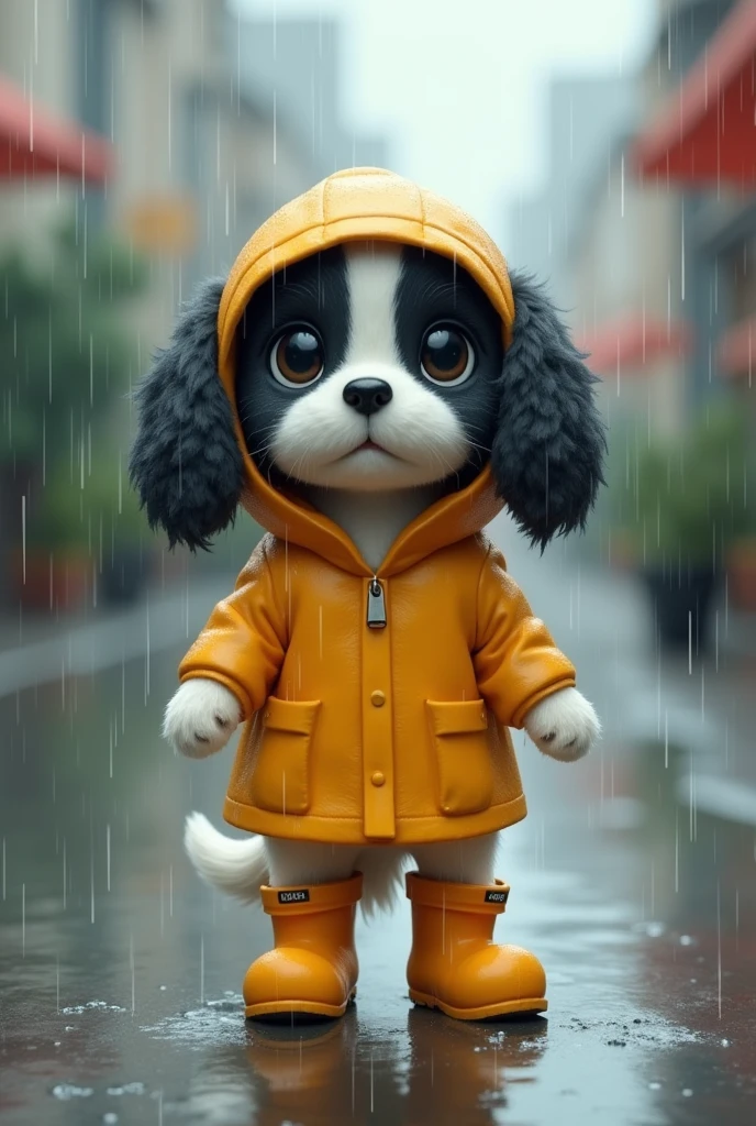 A cute dog with black drooping ears and a white face is standing in the rain wearing a raincoat and rain boots.