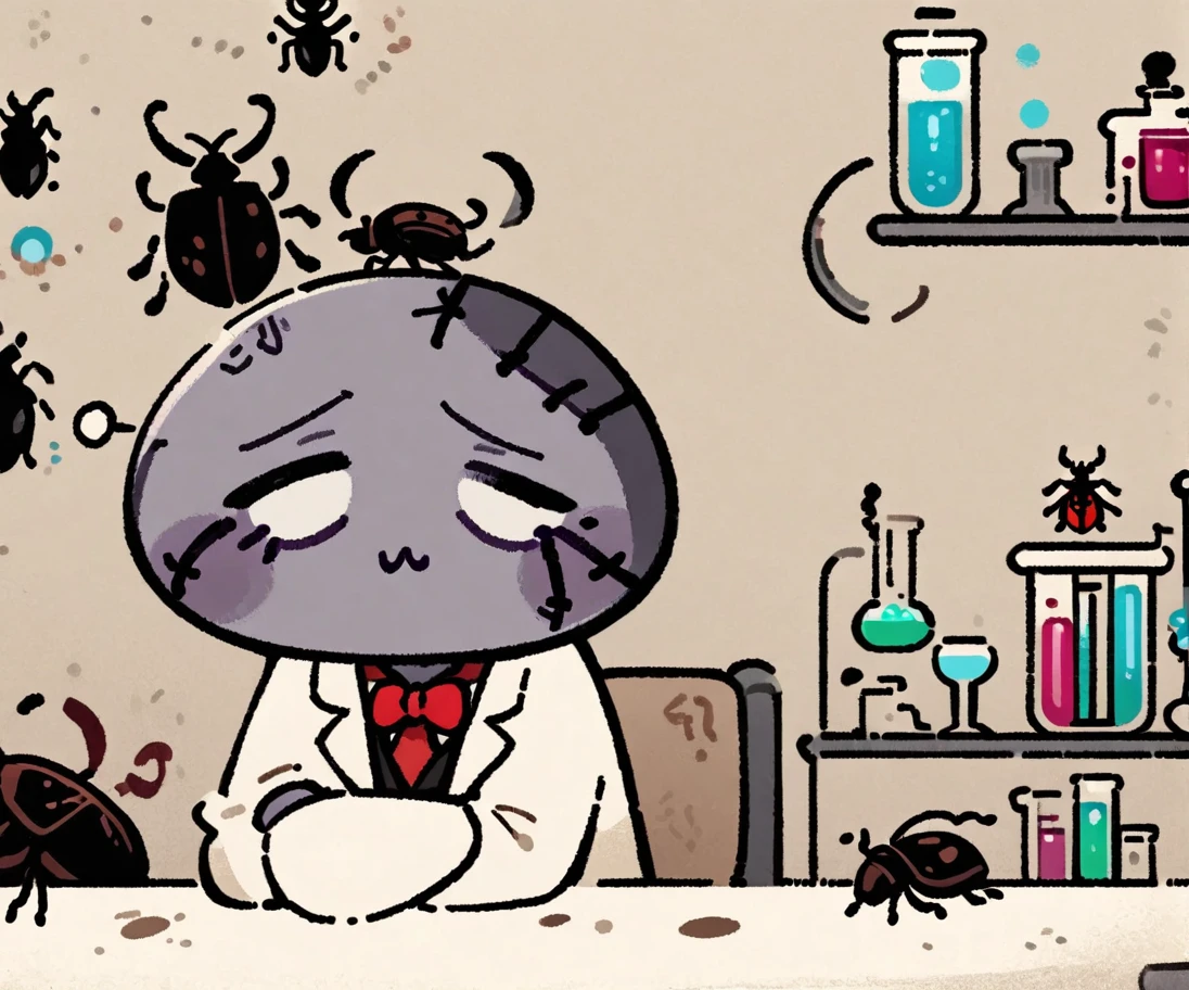 masterpiece, best quality, labcoat, laboratory, test tube, glass tubes,thinking, 1Beetle, Empusidae Beetle, charcoal Black patchwork skin, Oval Eye, Red Dot Pupils, White Kalpak Hat, Red Bow Tie, Style of Guillaume Singelin and Silvia De Ventura, graphic illustration