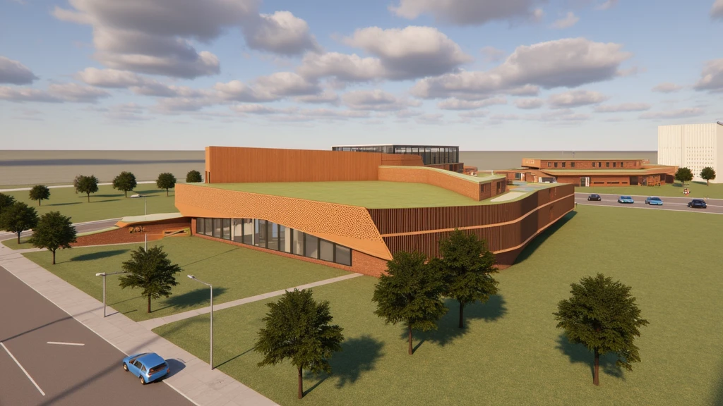 Futuristic design of museum, brick color, in a small town, cloudy weather, super realistic photo, high resolution