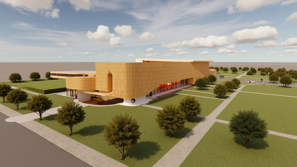 Futuristic design of museum, brick color, in a small town, cloudy weather, super realistic photo, high resolution