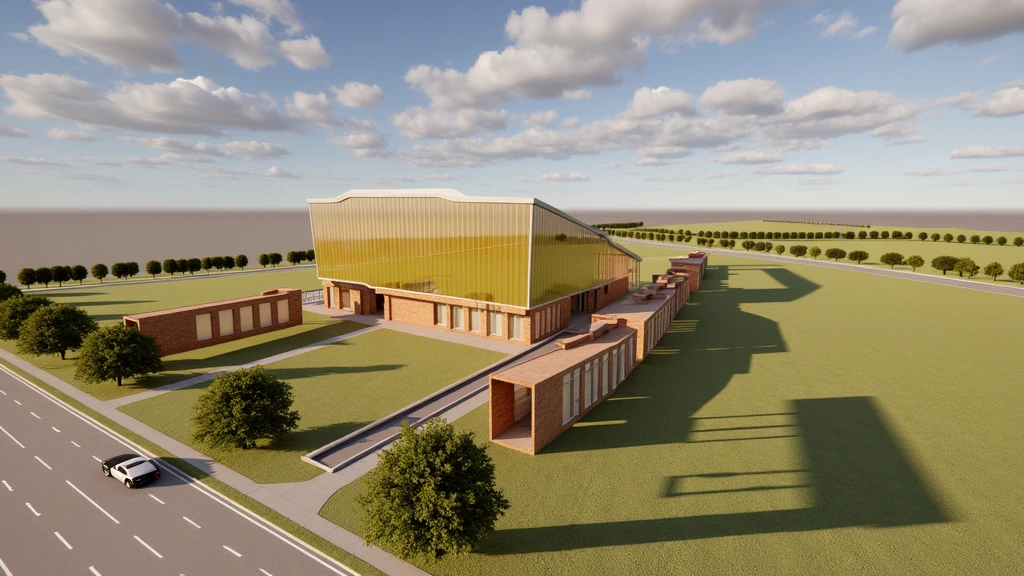 Futuristic design of museum, brick color, in a small town, cloudy weather, super realistic photo, high resolution