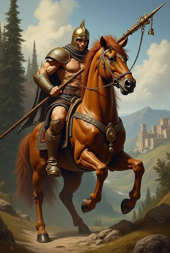 The Centaurs:The upper body is human and the lower body is horse, long spear, battle helmet, medieval painting,