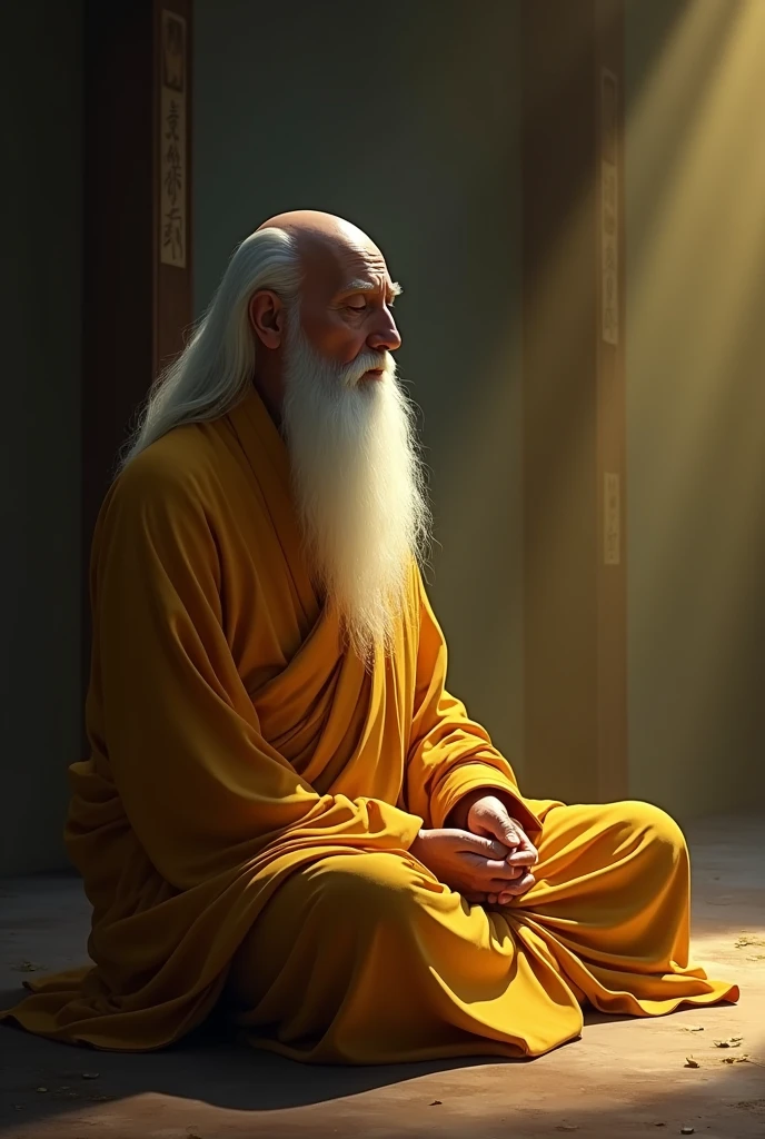 Old buddisht Monk White Beared White long Hears Close eyes sitting side way in dark room in dark yellow dress 