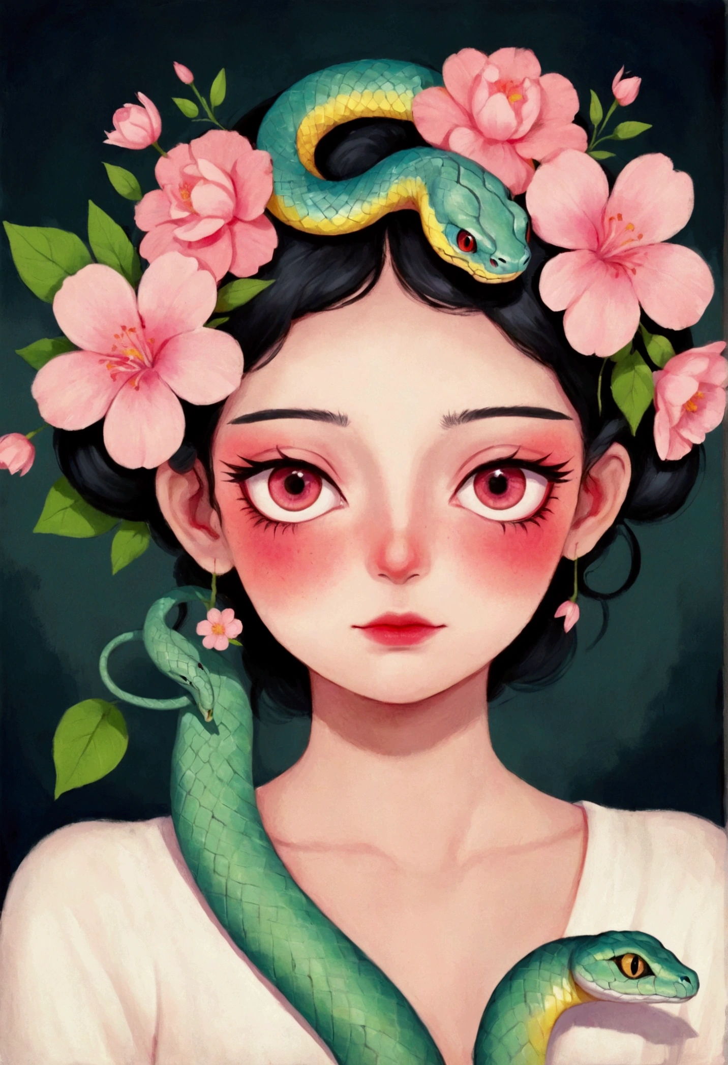 Snake headdress,Anime girl with roses on her head, her many snakes as hair, Snake Face Woman, digital Anime Illustrations, Loish et WLOP, Snake Woman Hybrid, Detailed digital anime art, Anime style illustrations, Popular trends on artstration, guweiz style artwork, the dragon girl portrait, Kawaii realistic portrait, Anime Illustrations