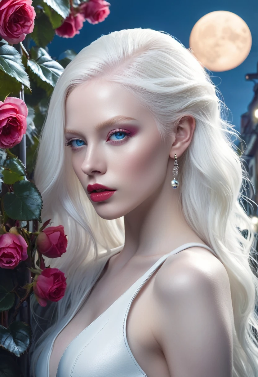 masterpiece, top quality, (One focus), (perfect face:1.1), (high detail:1.1),dramatic, (an alluring albino with long flowing pure white hair and piercing белые глаза),1 girl, (pale skin), long hair, Blue eyes, One, long hair, moon, night, white luxury leather, Coated navel, Plump lips, Coated, futuristic city, detailed background, Cinematic lighting by artgerm, roses and grapes, fashion, BalenciagaBikini Style
