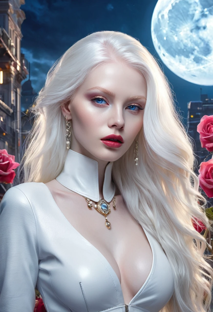 masterpiece, top quality, (One focus), (perfect face:1.1), (high detail:1.1),dramatic, (an alluring albino with long flowing pure white hair and piercing белые глаза),1 girl, (pale skin), long hair, Blue eyes, One, long hair, moon, night, white luxury leather, Coated navel, Plump lips, Coated, futuristic city, detailed background, Cinematic lighting by artgerm, roses and grapes, fashion, BalenciagaBikini Style