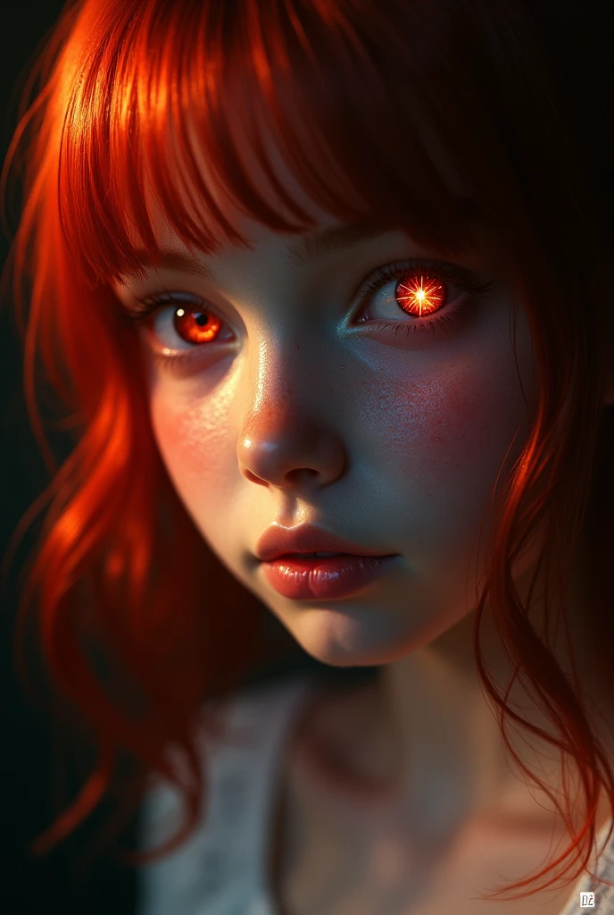 1 girl, star eye, blush, perfect lighting, Red hair, Red eyes, unreal engine, side lighting, detailed face, hits, shiny skin, simple background, dark background