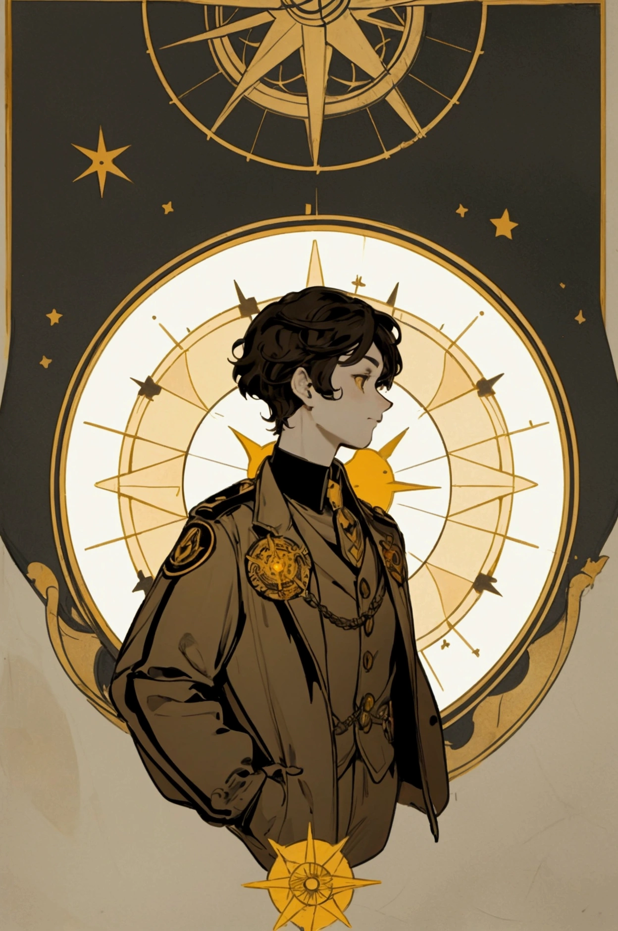 The image features a stylized silhouette of a person against an ornate background.. The silhouette appears to be that of a character with short hair, Looking slightly to the left. The character is wearing what appears to be a high-collared jacket with a badge or emblem on the front..
Behind the silhouette, There is an intricate design that resembles a compass rose or a starburst pattern, with multiple points extending outward. This pattern has layers of geometric shapes and lines, creating a sense of depth and complexity.
The background features various shades of yellow and brown., giving it an aged or vintage look. There are also bright motifs scattered around the edges that resemble stars or flashes of light., which adds to the magical or celestial theme suggested by the central design.