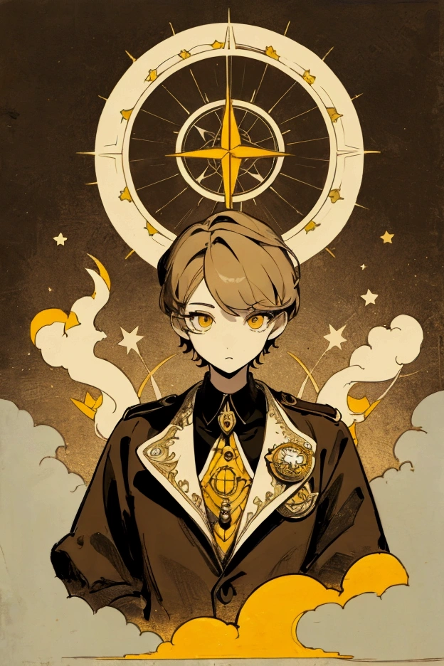 The image features a stylized silhouette of a person against an ornate background.. The silhouette appears to be that of a character with short hair, Looking slightly to the left. The character is wearing what appears to be a high-collared jacket with a badge or emblem on the front..

Behind the silhouette, There is an intricate design that resembles a compass rose or a starburst pattern, with multiple points extending outward. This pattern has layers of geometric shapes and lines, creating a sense of depth and complexity.

The background features various shades of yellow and brown., giving it an aged or vintage look. There are also bright motifs scattered around the edges that resemble stars or flashes of light., which adds to the magical or celestial theme suggested by the central design.