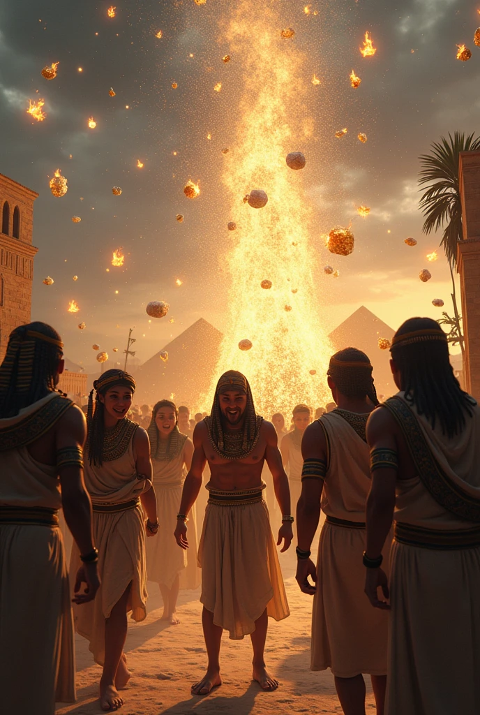 Egyptians frightened by hail plague, Hail has ice on the outside and fire on the inside