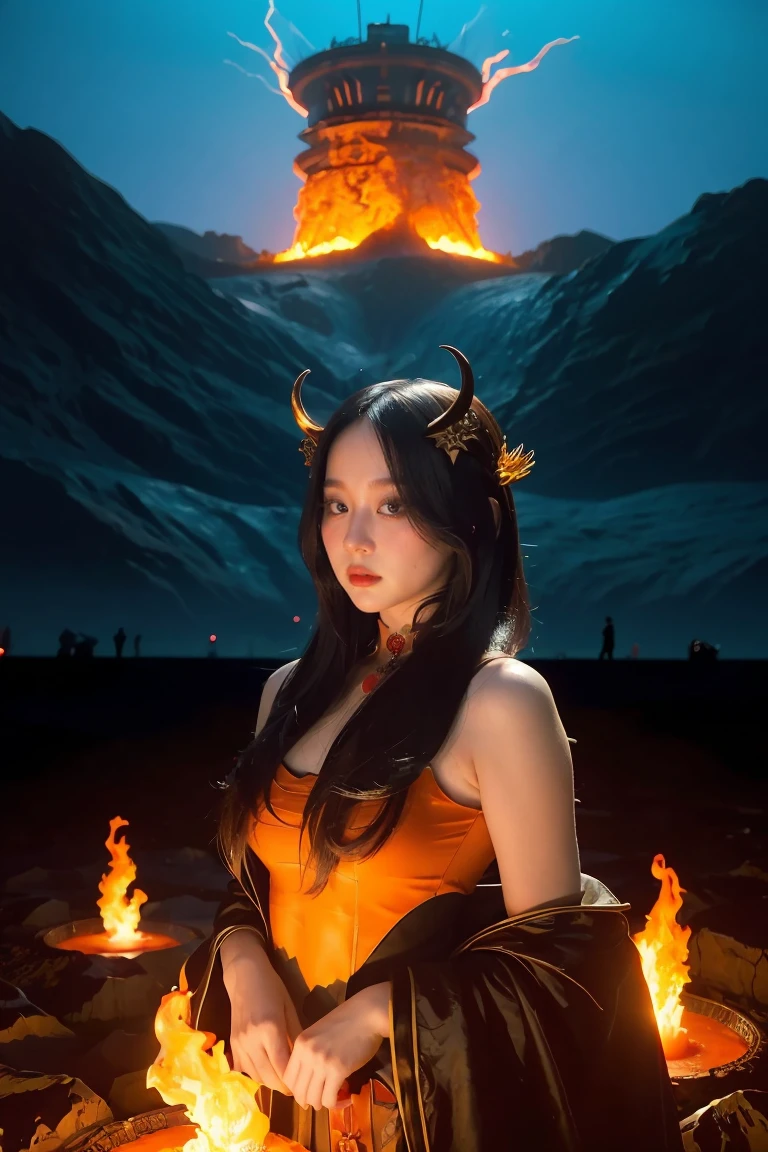(In the style of Karel Thole:1.4), (Masterpiece:1.2), (A female demon queen with a body made of molten lava and eyes that burn with hellfire., Adorned with a twisted crown of horns and a flowing robe made from solidified magma., Rendered in a demonic art style with hellish landscapes and tormented spirits., wearing unique Avant-garde Masterpiece attire and headdress:1.1), (Set against the backdrop of a sunken underwater city filled with bioluminescent debris and terrifying deep-sea creatures,:1.1), (very detailed:1.1), (complicated details:1.0), (Exquisite details:1.1), (best quality:1.1), (A modern hairstyle with lots of stylish details., A face that shines with fascinating details, Beautiful eyes with fascinating details:1.2)