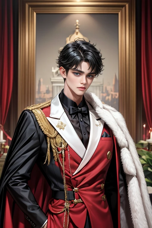 masterpiece, 最high quality, high quality, 1 boy, alone, Male focus, Upper Body,Watching the audience, Messy black hair, Adorable big blue eyes, White, Noble, Noble,A black and red cape that is bursting with sexy volume、Tuxedo、A very voluminous, large, very large, very large, long, long red and black cape with a high stand-up collar, made of a lot of fabric that reaches down to the floor., ,cute beautiful,Cute, cute, kind, handsome guy
