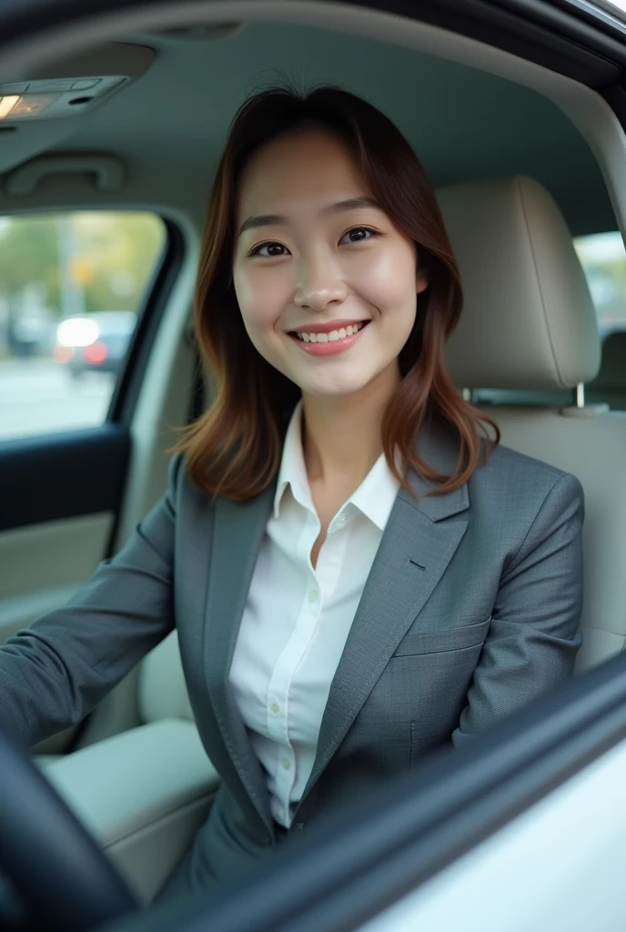 Company car,Woman in a suit,Grey suit,skirt,20th Generation,Japanese women,Passenger seat of a car,Light vehicle,Sitting in a car seat,Clear skin,Real,Brown Hair,Shortcuts,White inner,Like taking a selfie,Fair skin,Whitening,