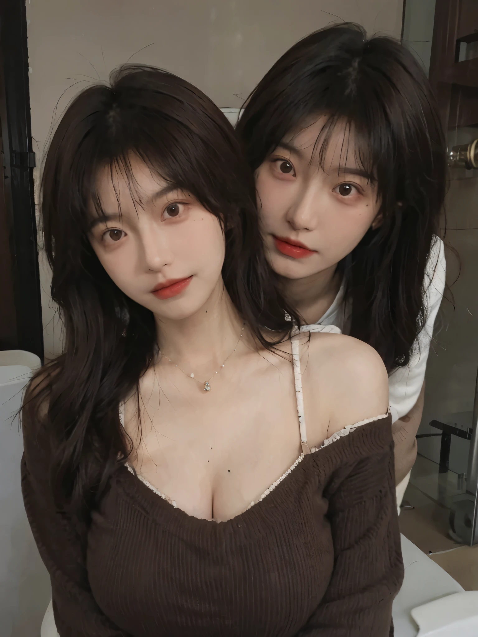 Best quality,Ultra-high resolution,(Realism:1.4),Cute hairpins,Baoyu Girl,1 Girl,Red short sweater,Beautiful woman with a slim figure:1.4,(Brown hair,Big breasts:1.6),bathroom,Super delicate face,Exquisite eyes,Double eyelids,make faces,necklace