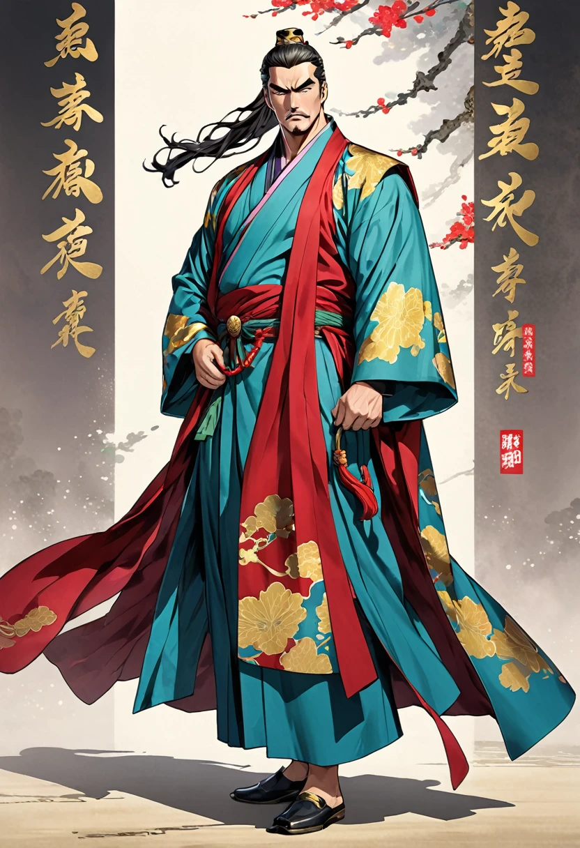 Three Kingdoms Jojo, Long robe, middle aged man, Full body exposed, Looking to the side, Don't turn your head, traditional chinese dress, Only one person comes out, Gray-toned clothes, Plain outfit