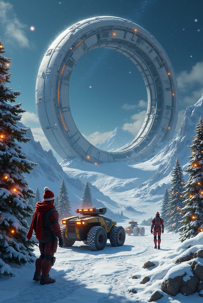 For a Christmas image inspired by the world of Halo, Imagine a futuristic landscape covered in snow, with a space ring in the starry sky. Decorate metal structures and vehicles like the Warthog with Christmas lights and decorations. Includes Master Chief and other characters dressed with festive accessories, and add details like futuristic Christmas trees and falling snow to give a Christmassy feel to the space environment.