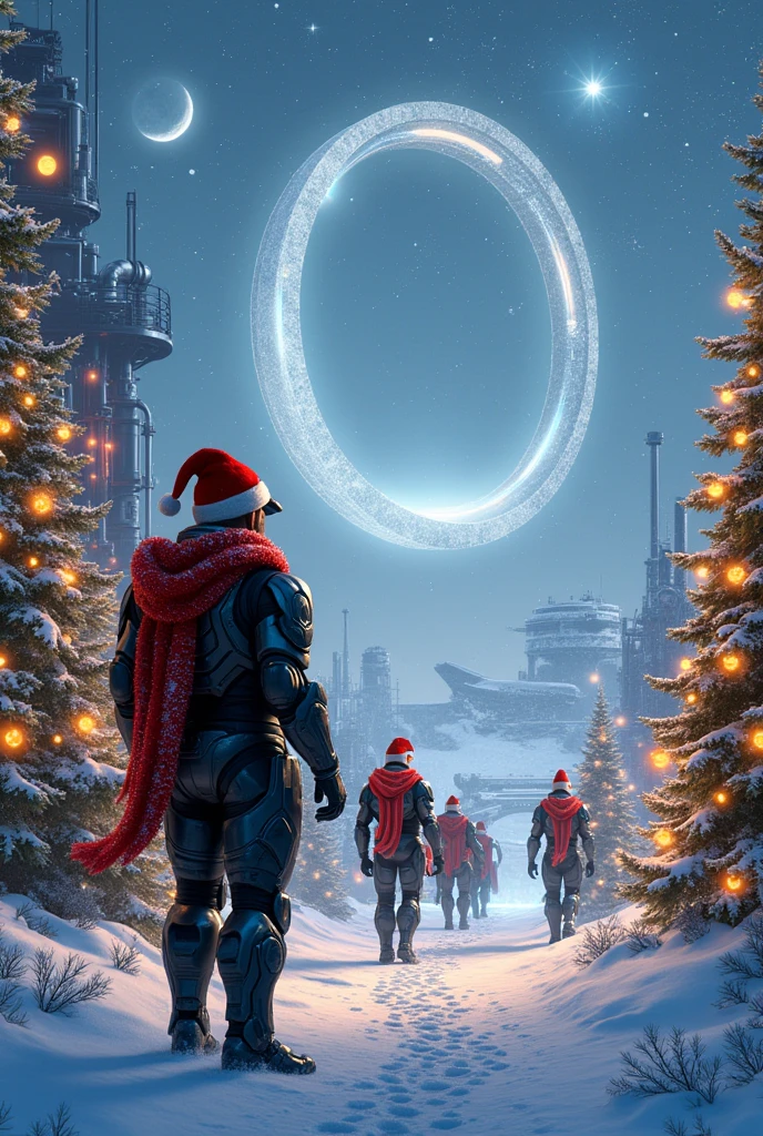 For a Christmas image inspired by the world of Halo, Imagine a futuristic landscape covered in snow, with a space ring in the starry sky. Decorate metal structures and vehicles like the Warthog with Christmas lights and decorations. Includes Master Chief and other characters dressed with festive accessories, and add details like futuristic Christmas trees and falling snow to give a Christmassy feel to the space environment.
