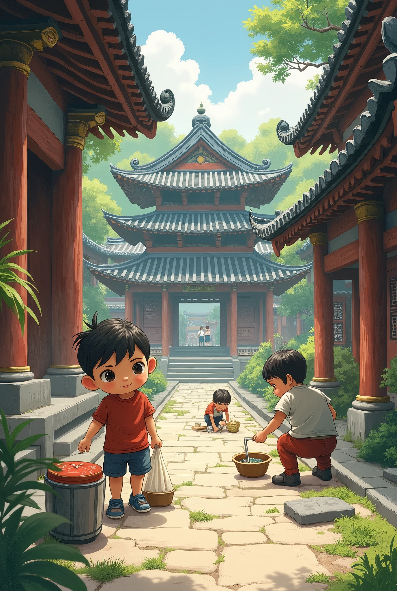The boy sweeps the temple and does laundry, sweeps the house, helps with community work, and makes many scenes on one page.