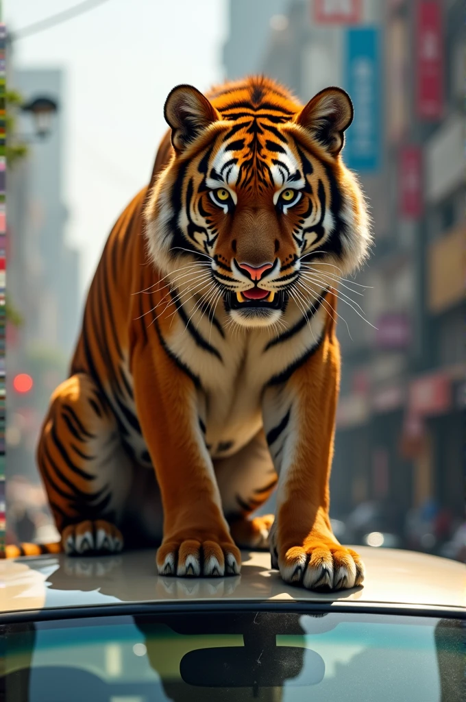 A red tiger that stand on car in Lahore 
