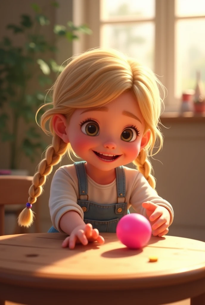   with blonde hair in braids picking up a small pink ball that was on top of a table, With a smile on his face