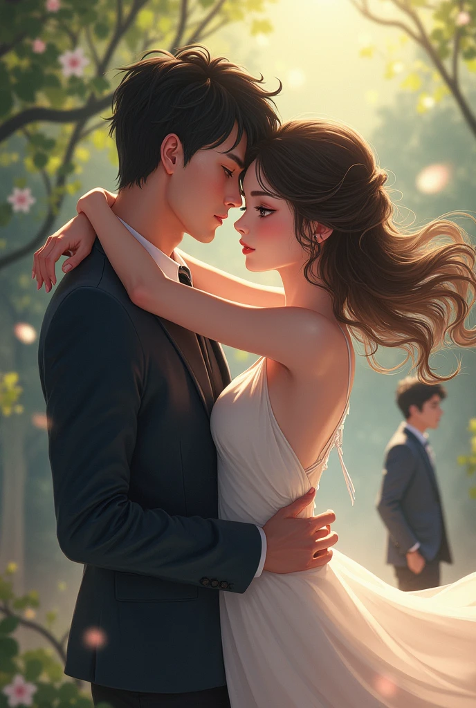 Anime photo: Một cô gái năm tay một chàng trai, There was another guy watching from afar.