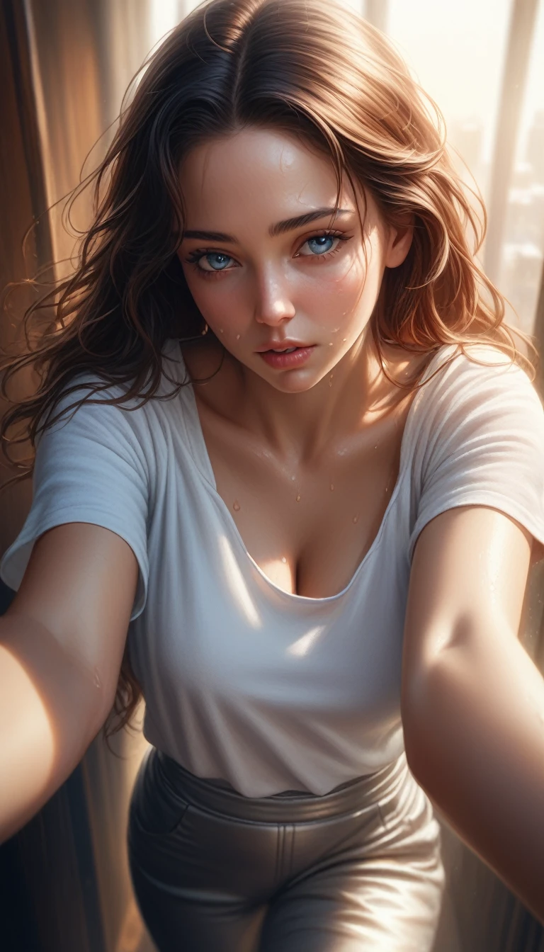 high resolution.Super detailed.Sharp focus.Crisp quality.Bright colors.rich contrast.Realistic.Cinematic lighting.HDR.Detailed Texture.Realistic.High resolution.Enhanced Detailsultra 1 beautiful woman、Loose white t-shirt、High waist sweat pants、giving someone a peek  of cleavage in shirt、From above