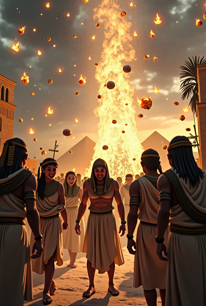 Egyptians frightened by hail plague, Hail has ice on the outside and fire on the inside