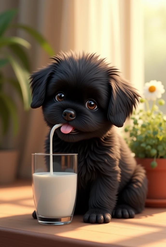 Black cute fur cat adorable black shih tzu puppy drinking milk on the table beside flower pot