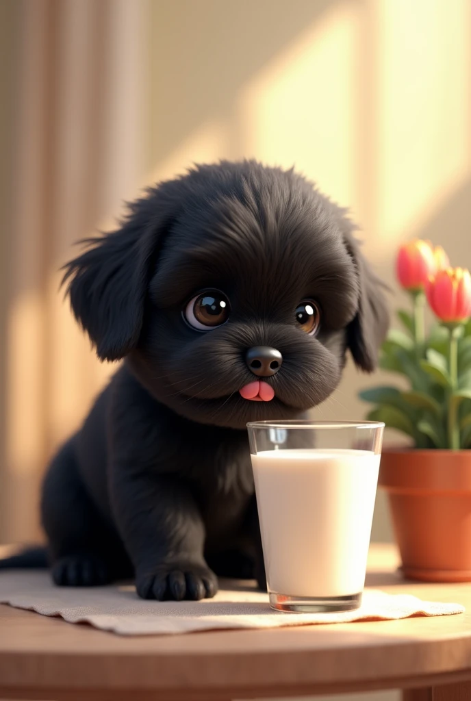 Black cute fur cat adorable black shih tzu puppy drinking milk on the table beside flower pot
