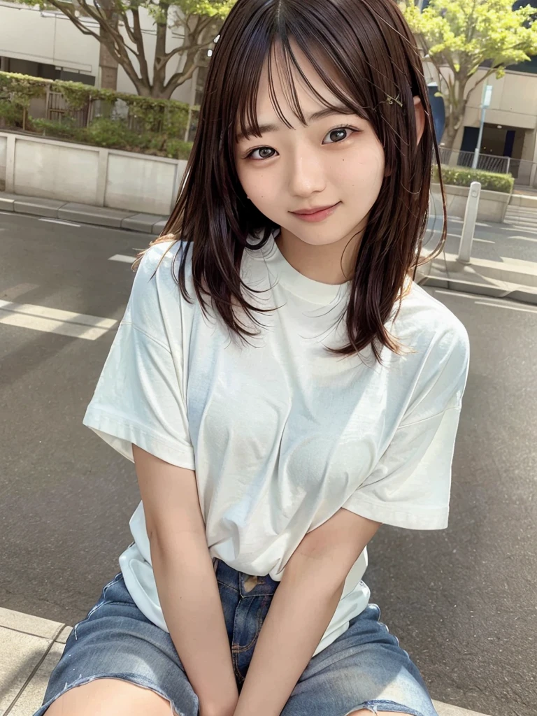 (skin blemish:0.8), (skindentation), black eye, 1woman, 25yo, (((woman))), solo, realistic, best quality, photorealistic, masterpiece, 8k, high res, solo, extremely detailed face, (professional lighting, bokeh), (light particles, lens flare, glowing particles:0.6), (dynamic pose:0.8), soft lighting, top angle view, fashionable and trendy atmosphere, Japan, tokyo, playground, street, city, shop, river, ((daytime)), sky, ((looking at the viewer:1)), (looking at the camera),(portrait:0.6), cowboy shot, gorgeous, sitting, hands down, keep original facial proportion, wide shoulder, full body, (medium breast), (long hair), brown hair, floating hair, lips, lipstick, seductive smile, floating hair, smile, open_mouth, teeth, T-shirt, round neck T shirt, shorts, jeans, eyelashes, mole, (mole under eye:1),