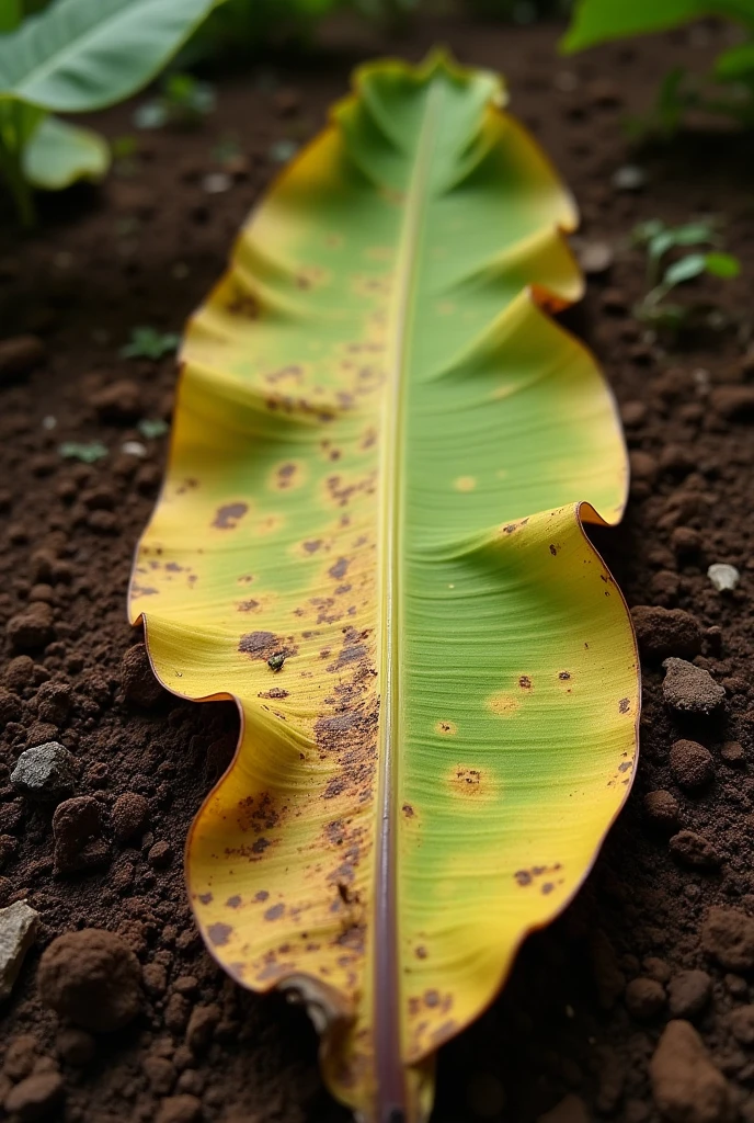 banana leaf with nitrogen deficiency laying on ground (soil)
