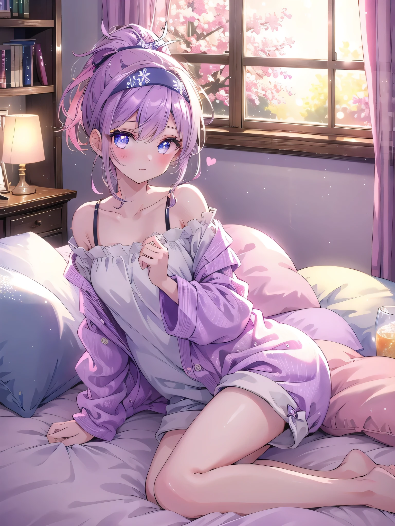 ((8k, Highest quality, masterpiece: 1.3)),Ultra-high resolution,(1 girl, alone), (Color changing eyes, Ultra-detailed, Expressive brilliance, Glitter, Glowing Eyes), Highly detailed eyes, Highly detailed face, Random Hair, ((pastel colour))Relaxing with Bow Headband and Heart Pattern Pajamas
"Create a Vtuber character with medium-length purple hair styled in a casual ponytail, secured with a headband featuring a large, playful bow in soft pink. Her eyes are gentle purple, with a relaxed and slightly sleepy expression. She is lying on her bed, propped up by fluffy pillows, wearing a heart-patterned pajama set in pastel colors with a loose-fitting long-sleeve top and matching shorts. The room is softly lit with warm light, showcasing a bed with a plush duvet, a small bookshelf with a few novels and a lamp, and light curtains gently swaying by the open window, adding to the peaceful atmosphere."