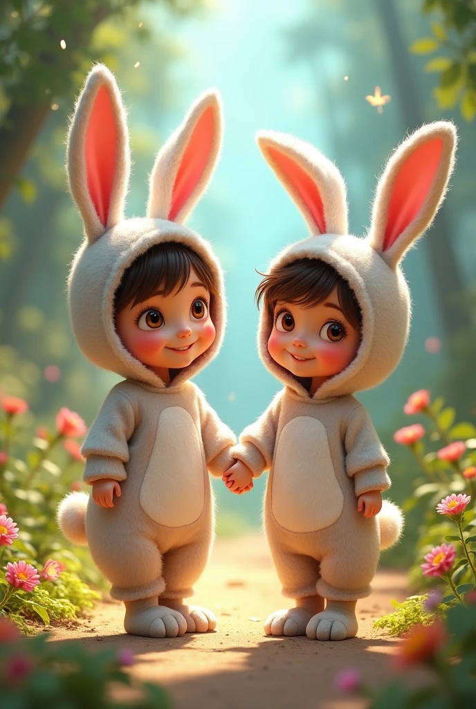 DISNEY PIXAR GIRL WITH BROWN EYES DRESSED AS A RABBIT HOLDING THE HAND OF A BOY WITH BROWN EYES DRESSED AS A RABBIT 
