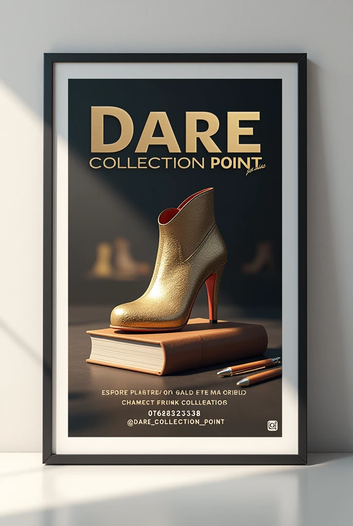 Create poster with Shoe, Book and pen. The heading should be DARE COLLECTION POINT. Should contain contact 0762623338, @Dare_collection_point. Remove all tag