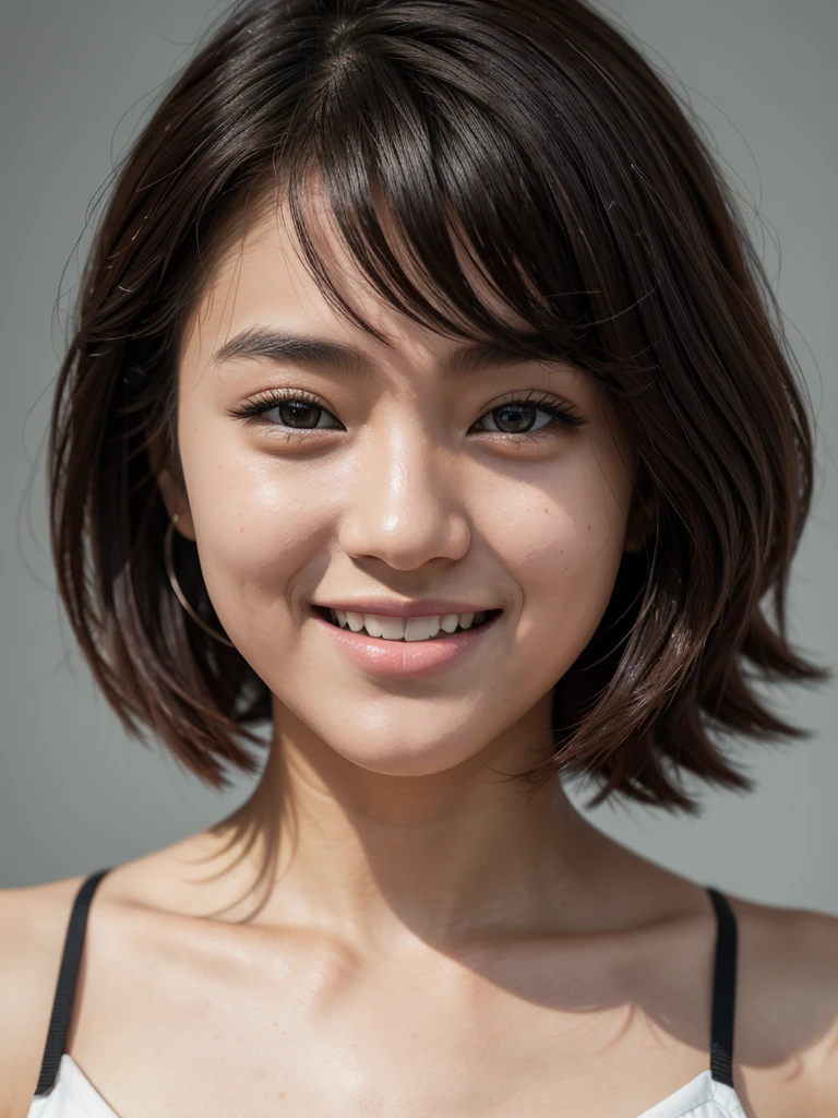 Multiple-angles half-body shot of 17 yo of South Korean descendant, 1girl, laughter, sweet laugh, K-Idol material, magazine model, side-swept short hair with locks, half-body profile, facing front, absurdres, high res, ultrasharp, 8K, professional photograph, award-winning portrait, masterpiece, symmetrical, Nikon D850, 85mm lens, f/1.8, depth of field,