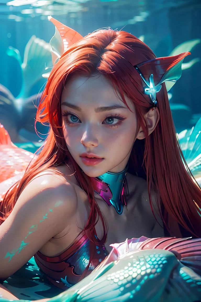 ((masterpiece, best quality, extremely detailed), volumetric lighting, ambient occlusion, colorful, glowing), 1girl, solo, young girl, (red hair), long hair, goddess, cyber suit, (mermaid design:1.3), coral, under the sea, castle, Atlantis, (cyberpunk theme:1.2), (((Little mermaid))). Ariel,