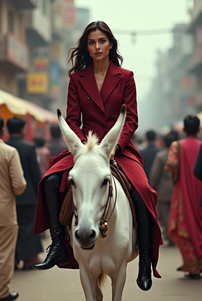 A beautiful Indian Woman riding a white donkey on road among people . She is well dressed in dark red coat pant & in black leather plain thigh high heeled boots . Focus on facial expressions & thigh boots . 