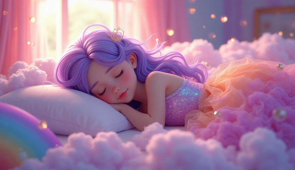 Princess purple rainbow bubblegum is fast asleep on the bed