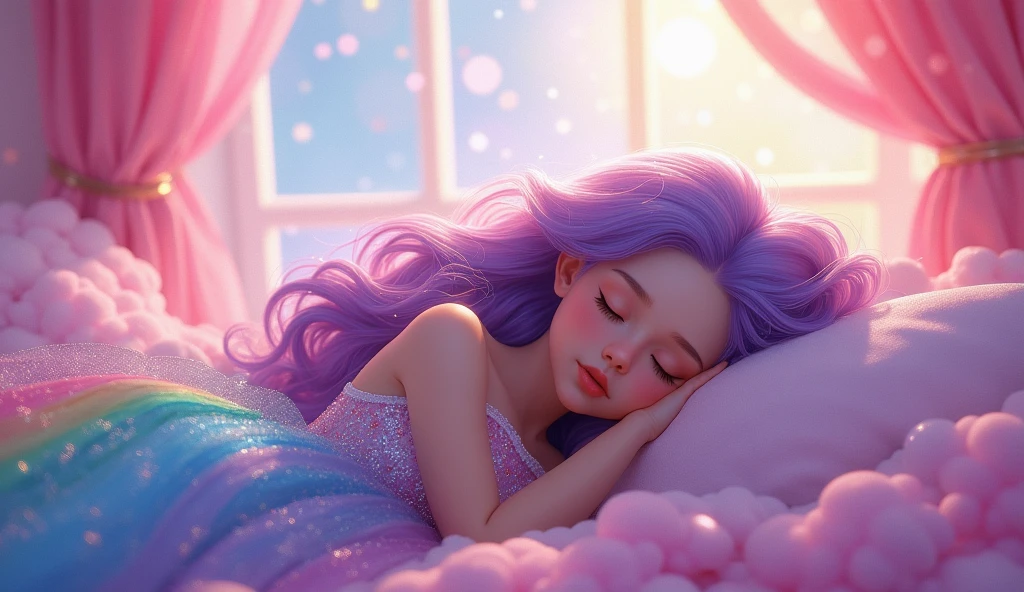 Princess purple rainbow bubblegum is fast asleep on the bed