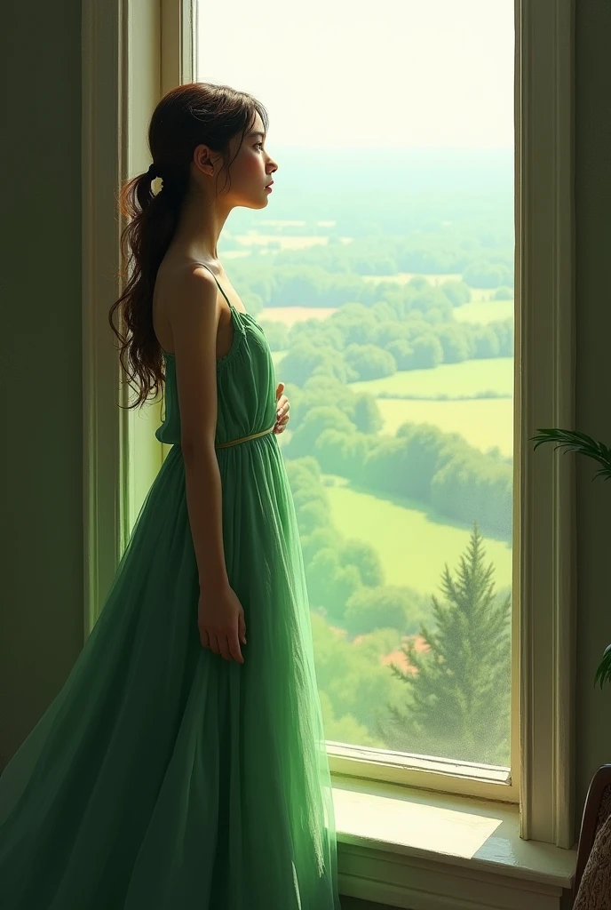 "A girl in a long green dress is standing by the window, looking at the view outside
