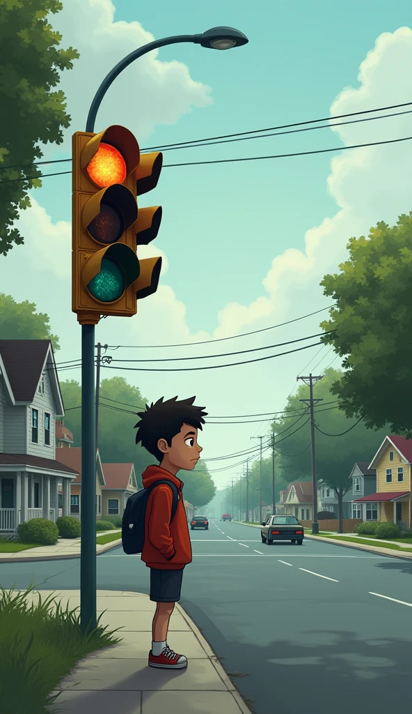 One day, a special traffic light (Tim) noticed a boy named Max walking home from school, looking sad and distracted.