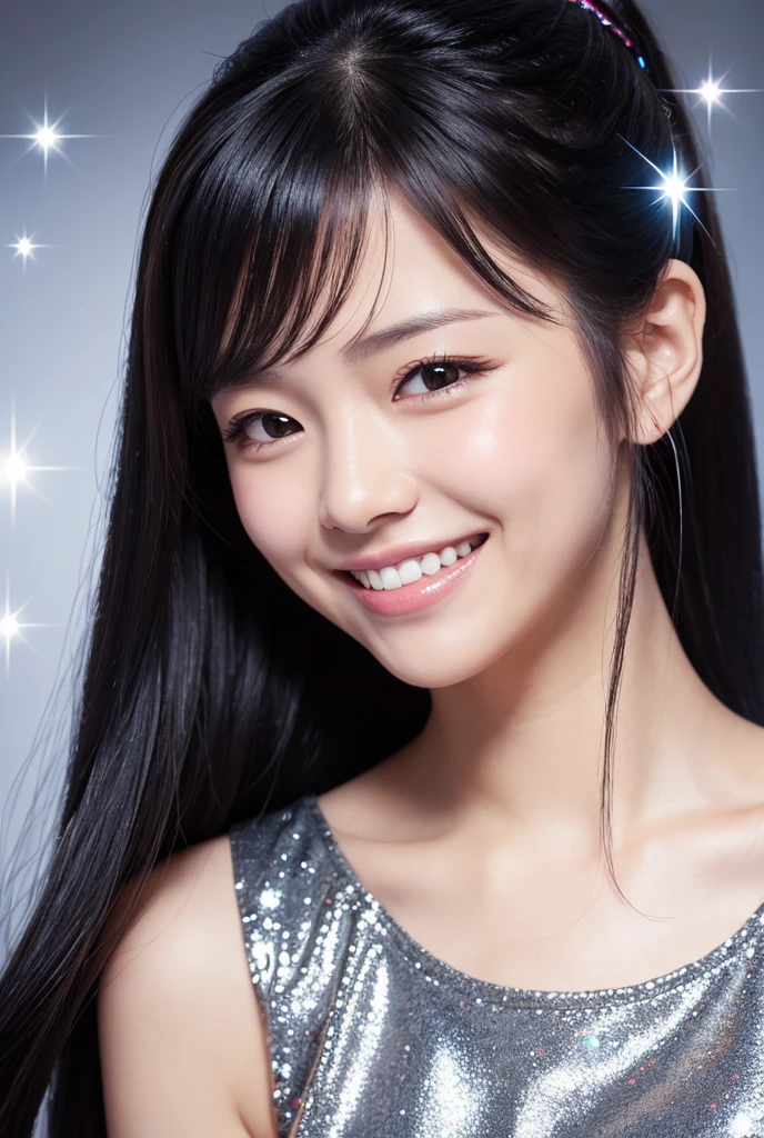 One girl, High resolution, Long Hair, smile, Blushing, Black Hair, ponytail, teeth, Sparkle Effect,