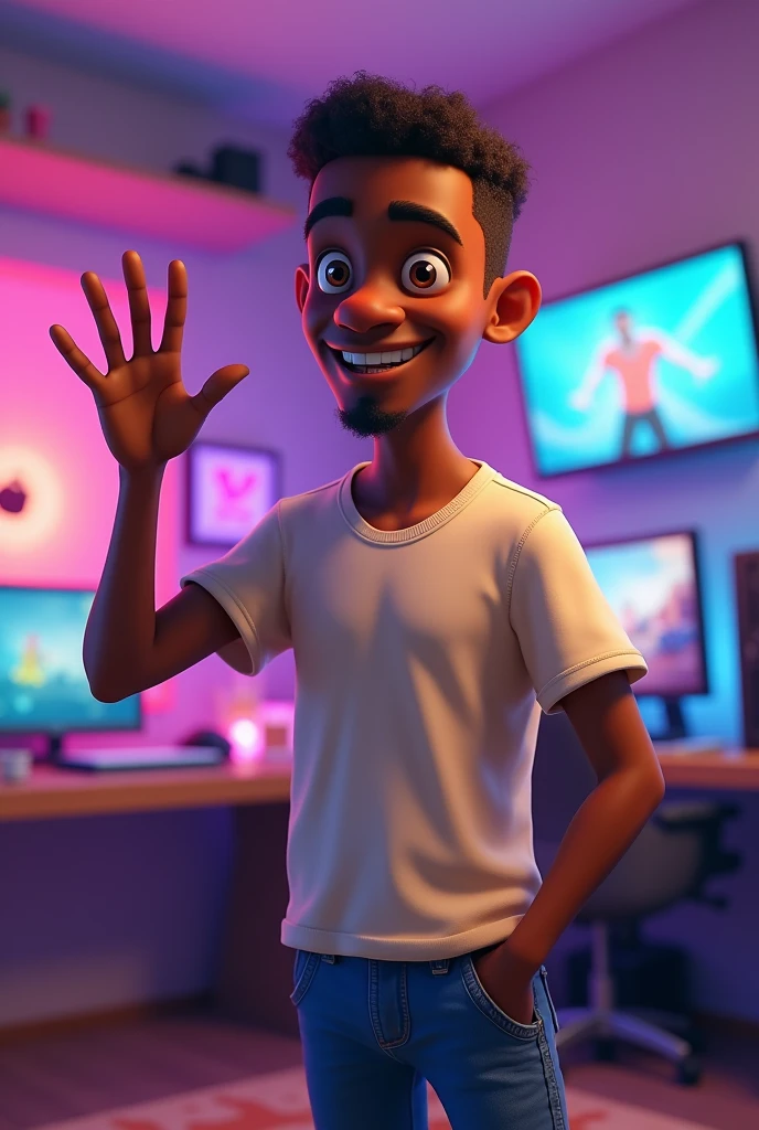 4d cartoon of a  black man who is skinny, neat hair is not stylish, clean  face, Wear casual clothes, t - shirt, standing in the gamer room, right hand waving, left hand attached to the waist. For large and close-up images. high resolution.