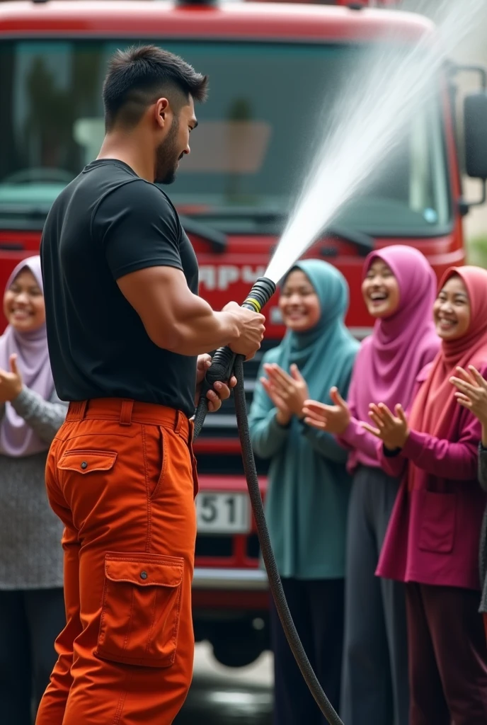 Malaysia guy age 2s. Handsome Man wear Blackshirt. Cargo pant orange firefighter jumpsuit wear tight in . Very muscle body. Holding water hose. Shoot the water to many girl hijab colorfull women cheerfull face clapping hand. Firetruck background