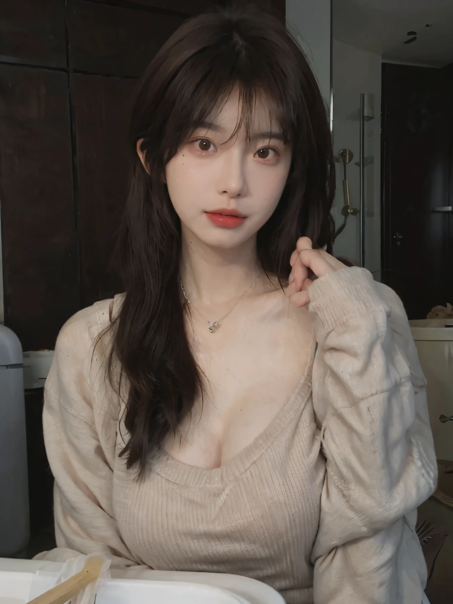 Best quality,Ultra-high resolution,(Realism:1.4),Cute hairpins,Baoyu Girl,1 Girl,Red short sweater,Beautiful woman with a slim figure:1.4,(Brown hair,Big breasts:1.6),bathroom,Super delicate face,Exquisite eyes,Double eyelids,make faces,necklace