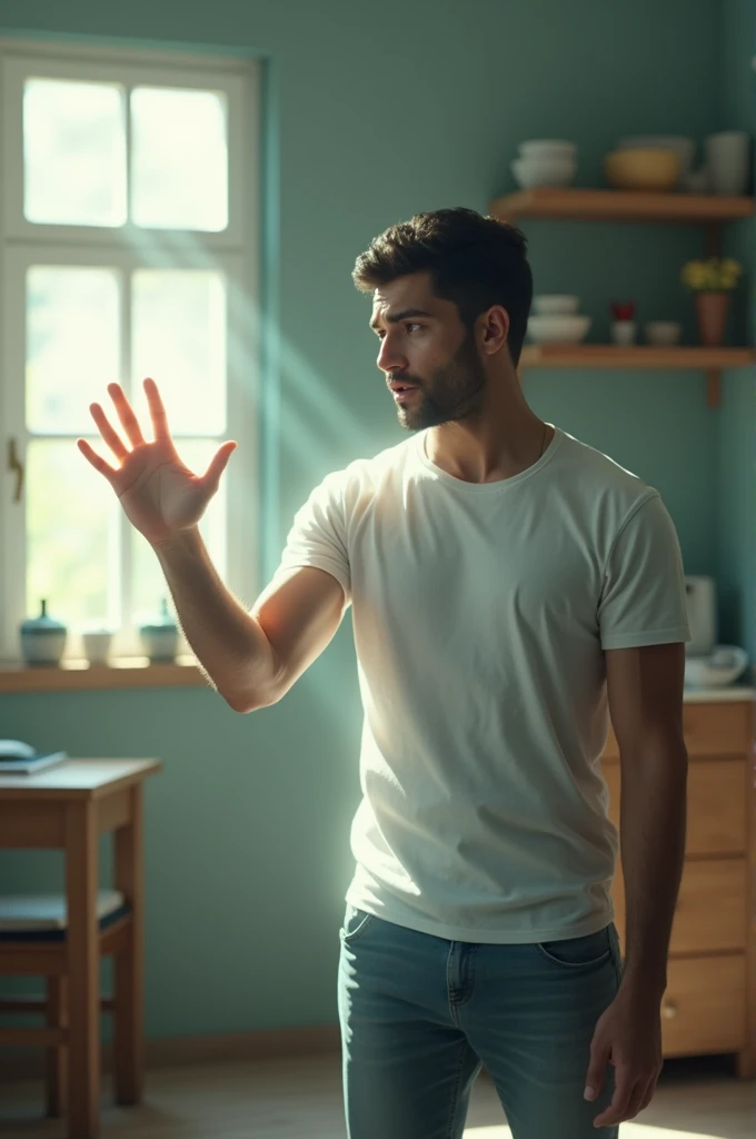 A young man, Varun, in a modern-day room with a surprised and anxious expression on his face as his hand slowly becomes transparent, blending into the air. The room is well-lit with typical modern furniture, and there's a window with soft daylight filtering in. The scene captures the surreal moment of partial invisibility, with the man's hand and part of his arm fading into the background, while he looks at it in shock. The atmosphere should have a mix of tension and wonder, with no other people visible in the room."