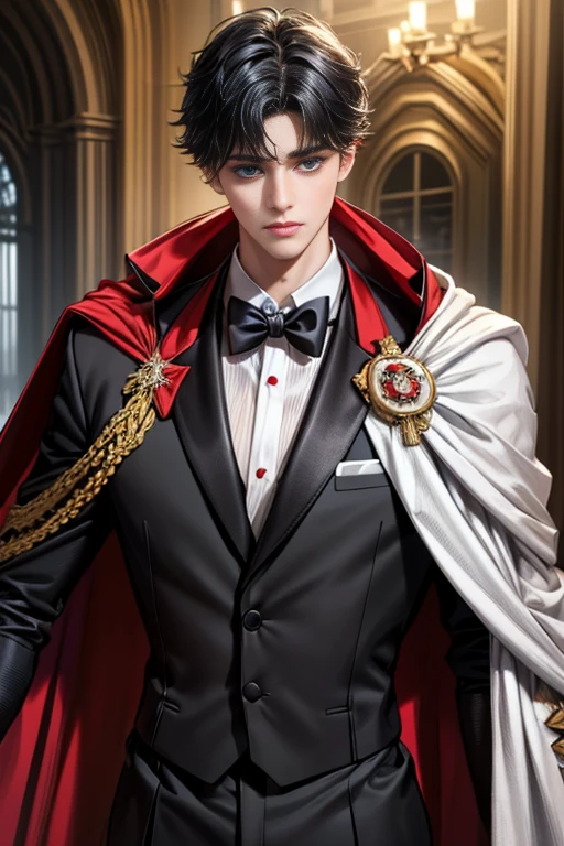 masterpiece, 最high quality, high quality, 1 boy, alone, Male focus, Upper Body,Watching the audience, Messy black hair, Adorable big blue eyes, White, Noble, Noble,A black and red cape that is bursting with sexy volume、Tuxedo、A very voluminous, large, very large, very large, long, long red and black cape with a high stand-up collar, made of a lot of fabric that reaches down to the floor., ,cute beautiful,Cute, cute, kind, handsome guy