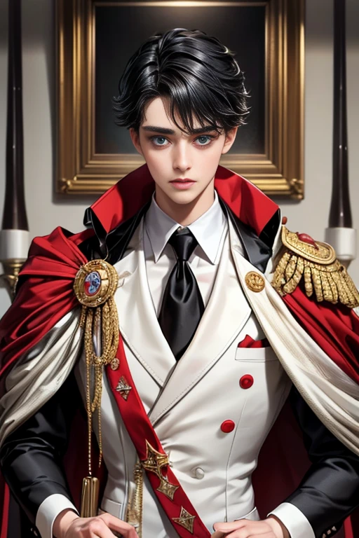masterpiece, 最high quality, high quality, 1 boy, alone, Male focus, Upper Body,Watching the audience, Messy black hair, Adorable big blue eyes, White, Noble, Noble,A black and red cape that is bursting with sexy volume、Tuxedo、A very voluminous, large, very large, very large, long, long red and black cape with a high stand-up collar, made of a lot of fabric that reaches down to the floor., ,cute beautiful,Cute, cute, kind, handsome guy