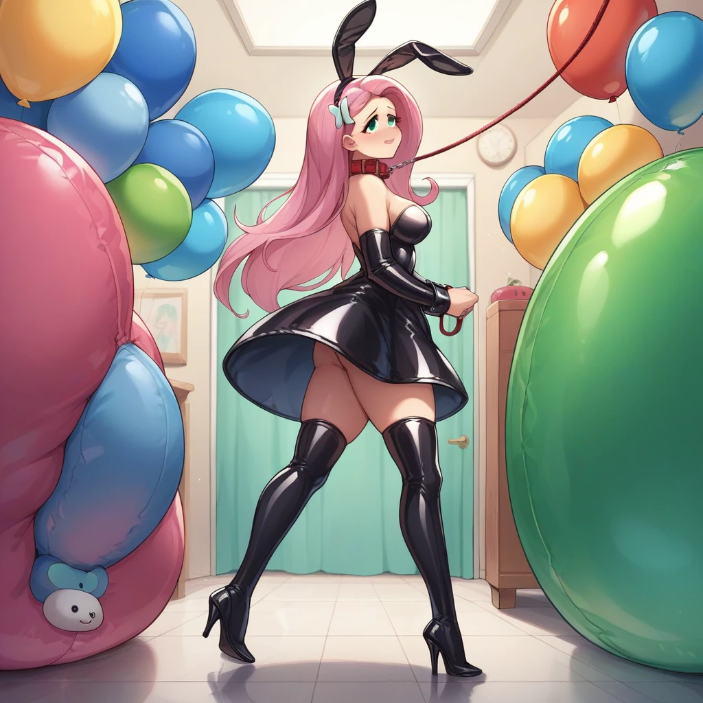 BDSM, colorful balloons, balloon fetish, inflatables, looner, femdom mistress dominatrix mlpfluttershy in black latex dress and high heels walking the slave on a leash, slave in inflatable latex suit with inflatable collar trapped inside huge inflatable balloon, feet worship, medium naked thighs, medium breasts, hair ornament, fake bunny ears, perfect feet, perfect face, balloons everywhere, huge inflatable toys around, inside inflatable room, inflatable balloon bondage, pear type of body shape