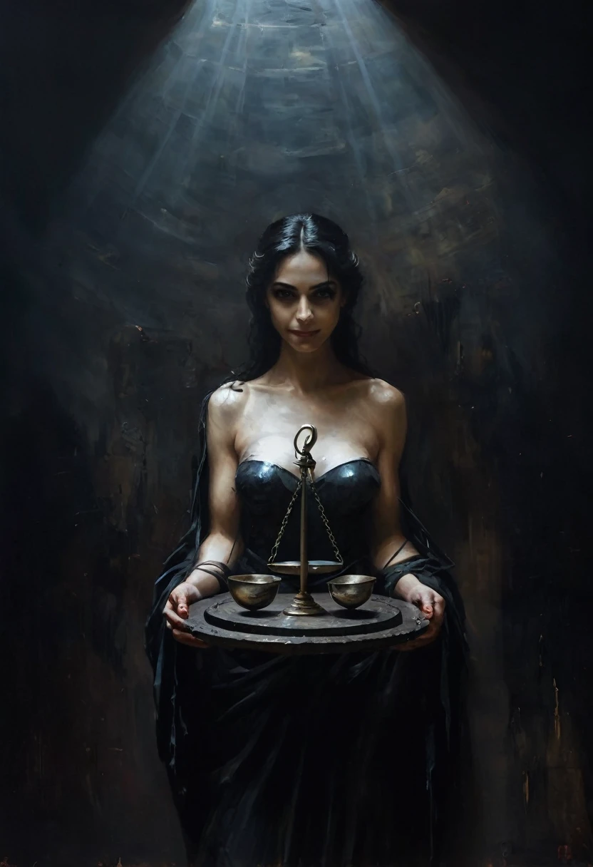 painting of a Themis justice holds scales in her hand, evil grin, dramatic, dark atmosphere, cinematic scene, volumetric lights, ultra realistic, in the style of nicola samori